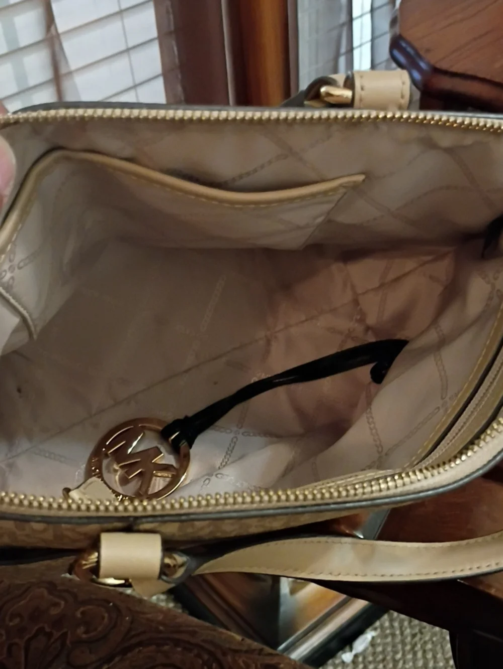 Michael Kors Beige Logo-Print Satchel with Tan Trim